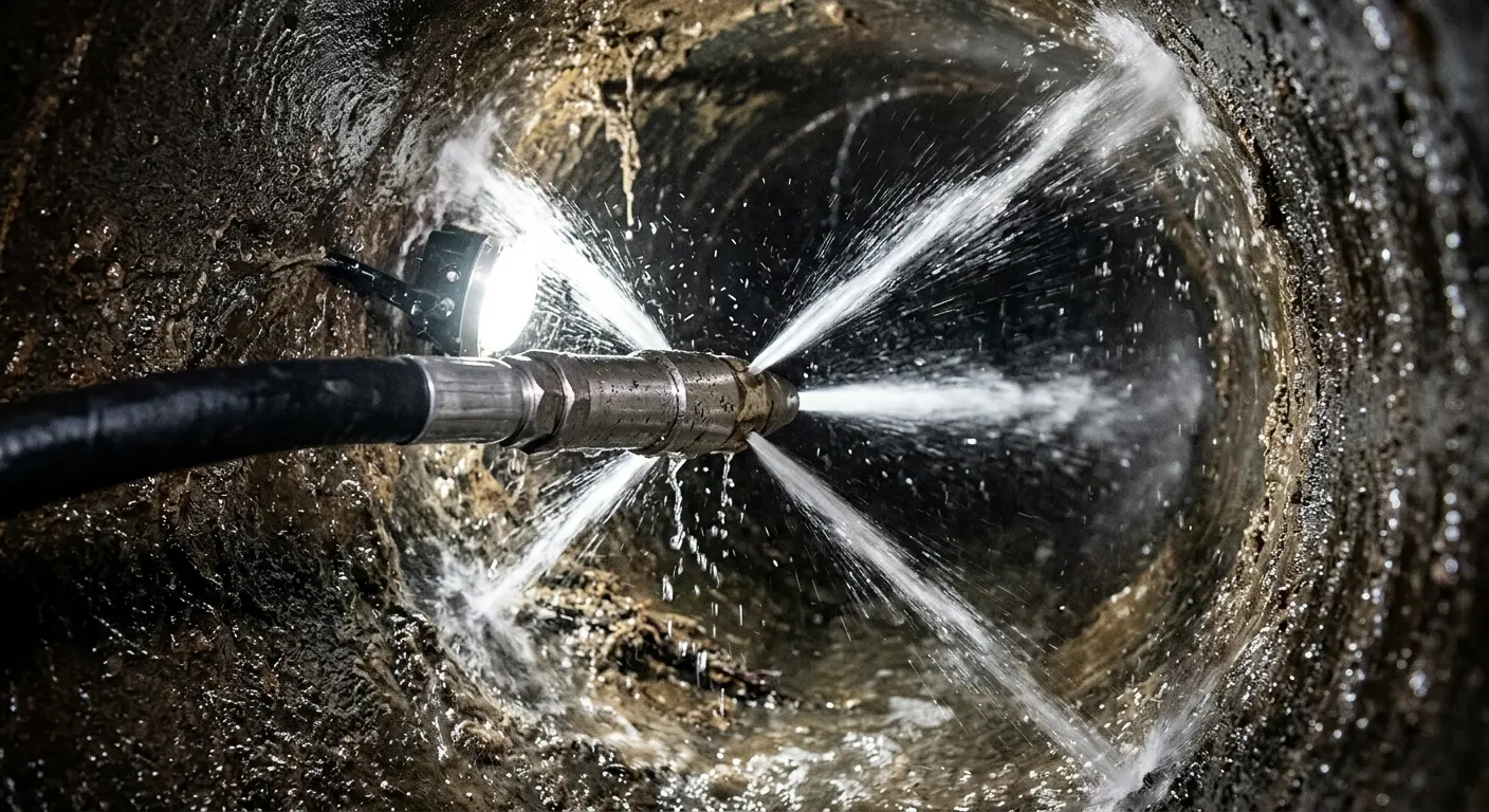 High-pressure hydro jetting nozzle cleaning sewer pipe for Emergency Drain Service in Sugarmill Woods