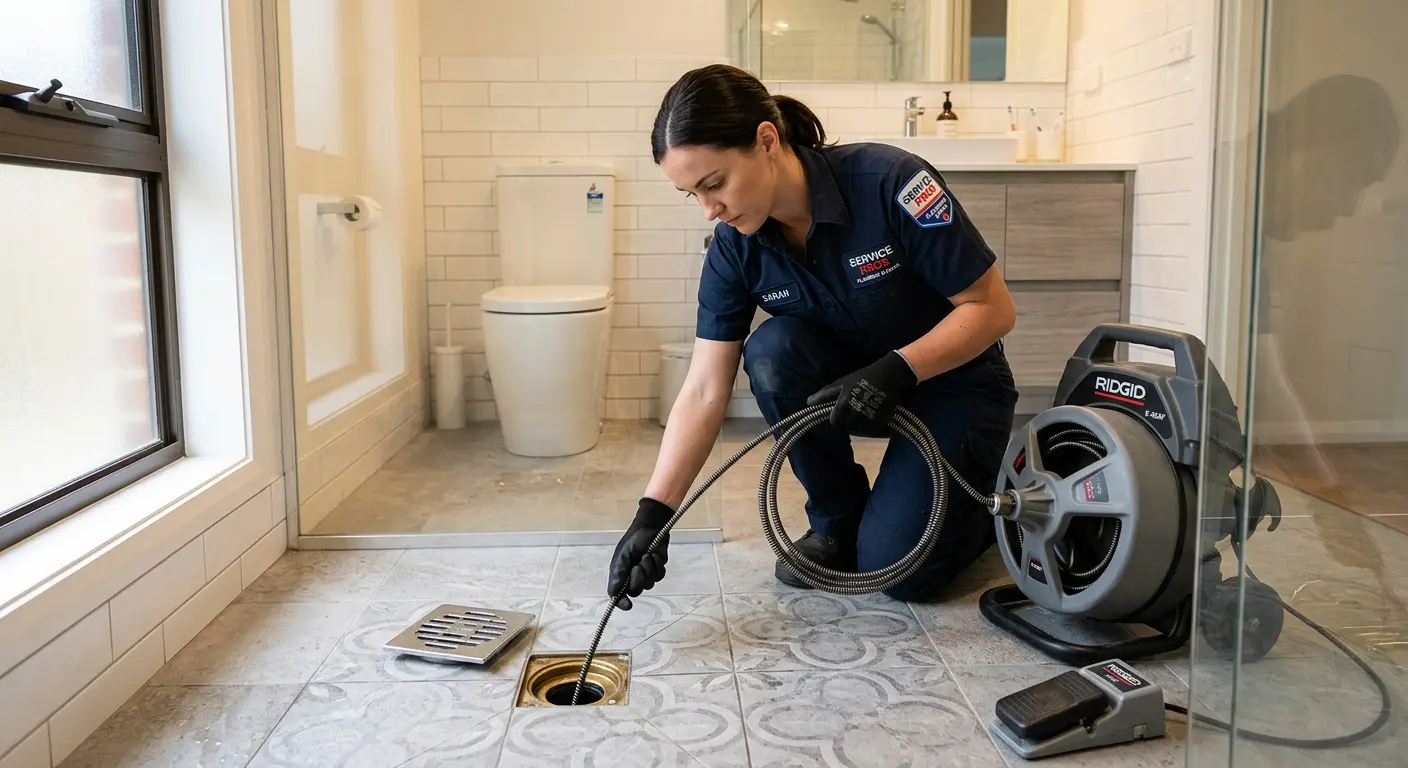Technician clearing a bathroom floor drain for Sewer Line Installation in Sugarmill Woods